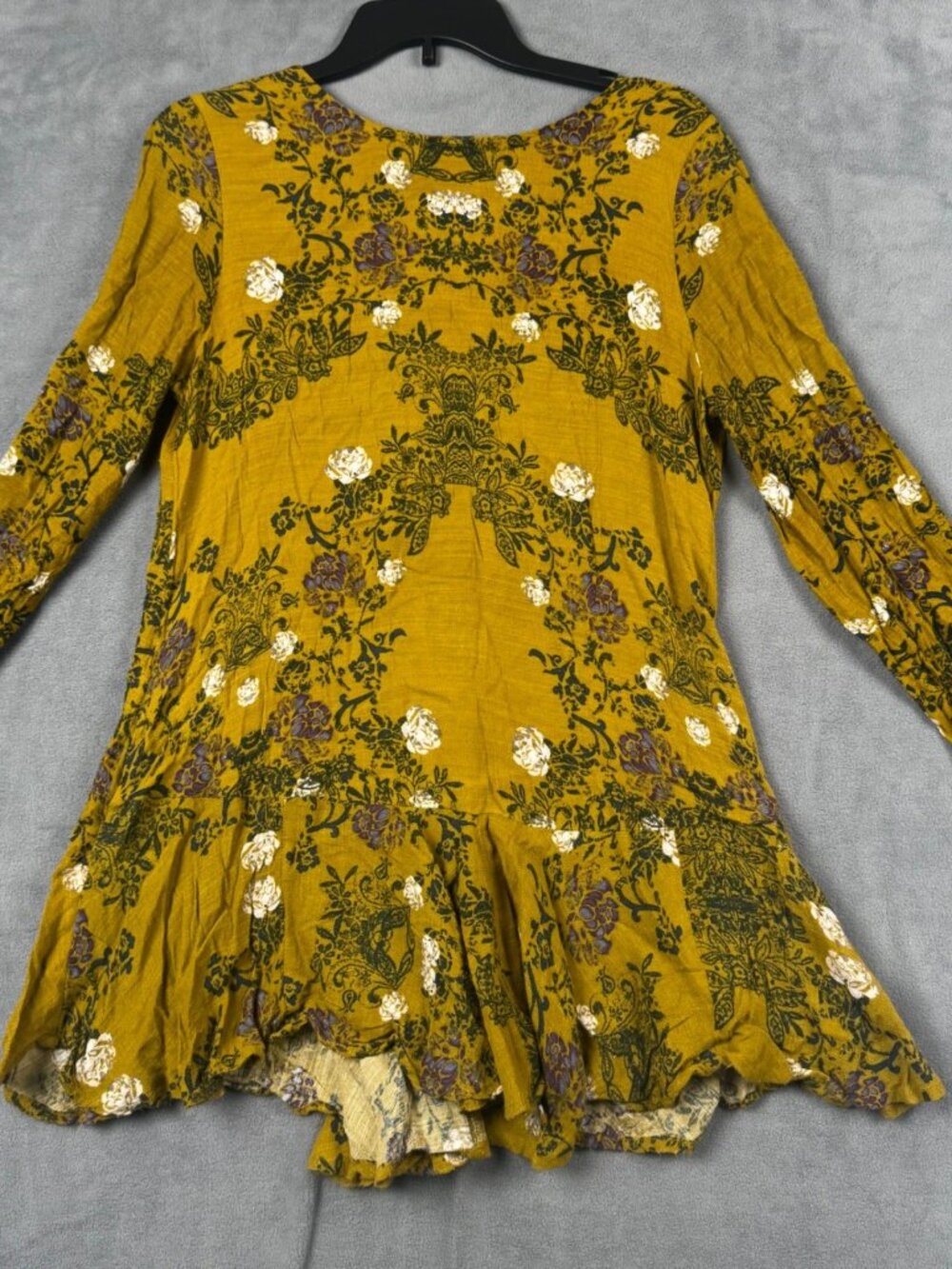 Free People Mustard Yellow Floral V-Back Long Sleeve Ruffle Mini Dress Small